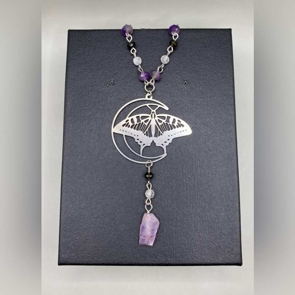 🦋🌜Amethyst Golden Obsidian Clear Quartz Moth Moon Necklace